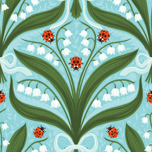 Lily of the valley and ladybugs symmetry in green, white and red 3 Wallpaper⁠