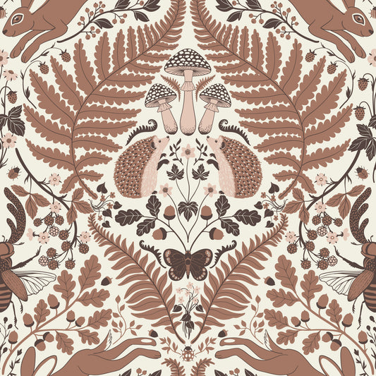 Woodland Whispers/Owls and Squirrels in the Oak/mocha mousse brown and arona blue Wallpaper⁠