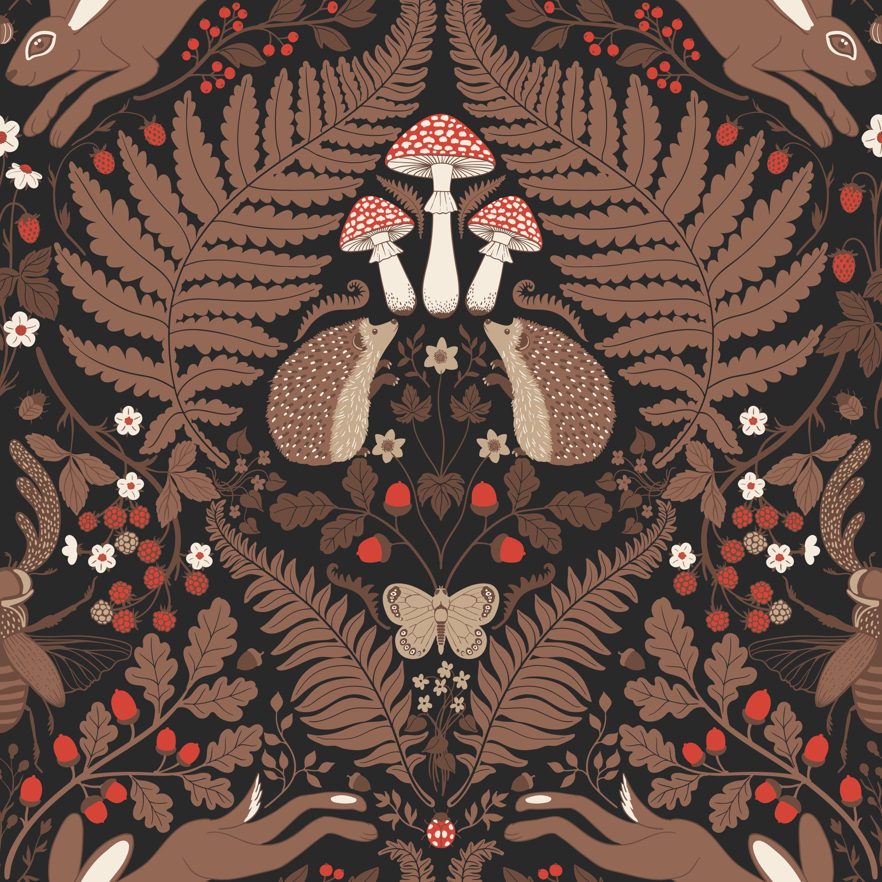 Woodland animals and plants in red and brown Wallpaper⁠