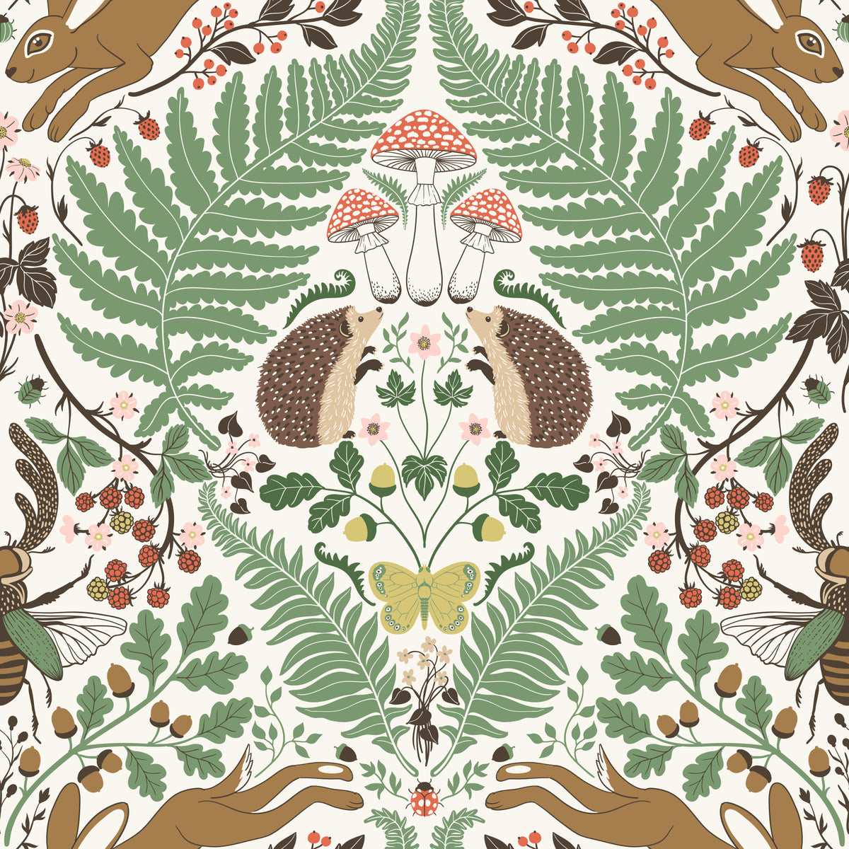 Woodland animals and plants in sage and ochre Wallpaper⁠ in your room