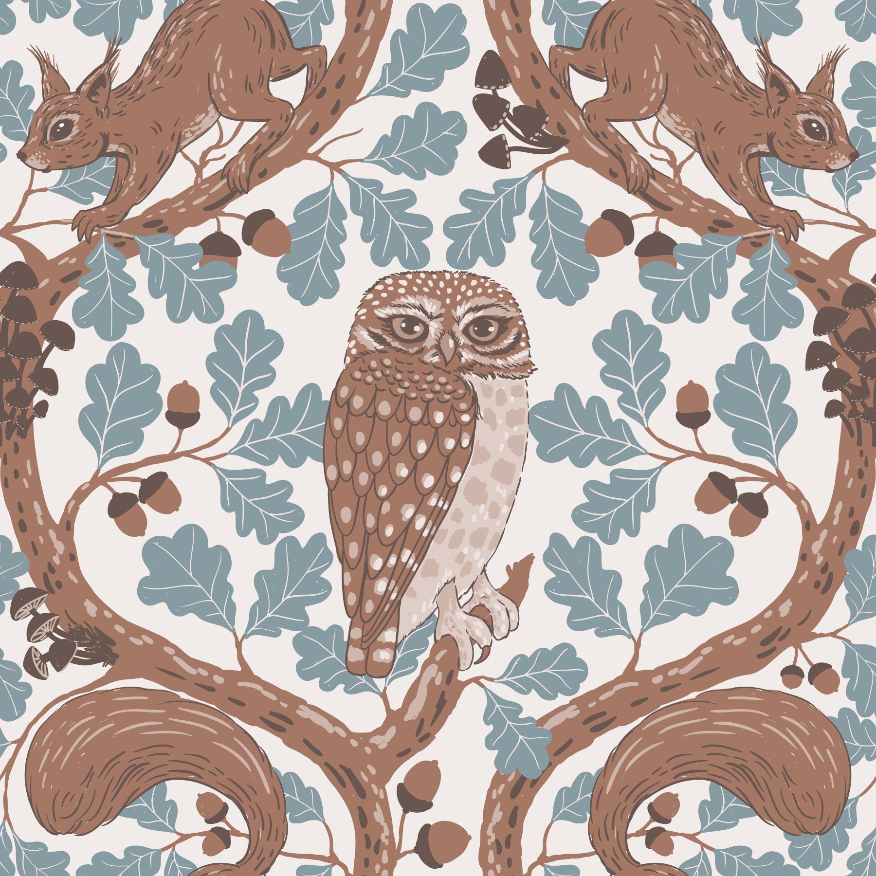 Woodland Whispers owl wallpaper warms a calm living room in mocha brown
