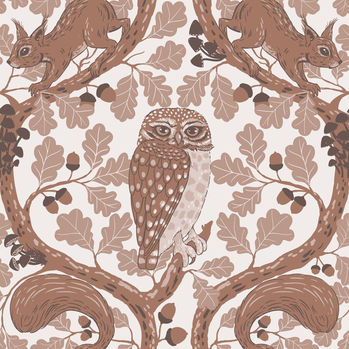 Woodland Whispers/Owls and Squirrels in the Oak/mocha mousse and coffee brown 2 Wallpaper⁠ in your room