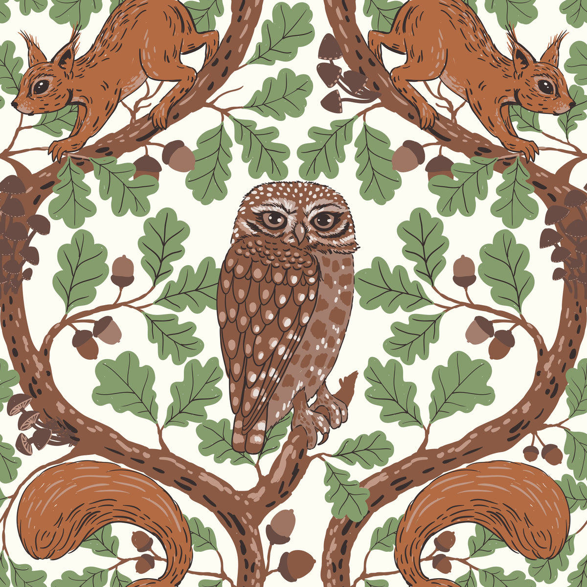 Woodland Whispers/Owls and Squirrels in the Oak/mocha mousse and coffee brown 3 Wallpaper⁠ in your room