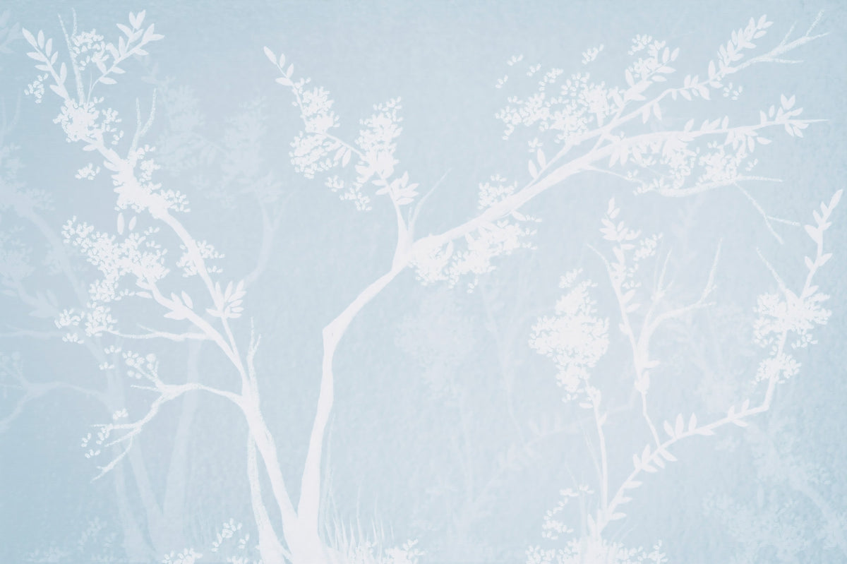 Ethereal Blue Blossom Silhouette Neutrals Wall Mural in your room — zoomed