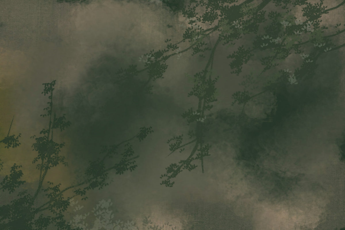 Verdant Mist Branches Moody Green Forest Wall Mural in your room