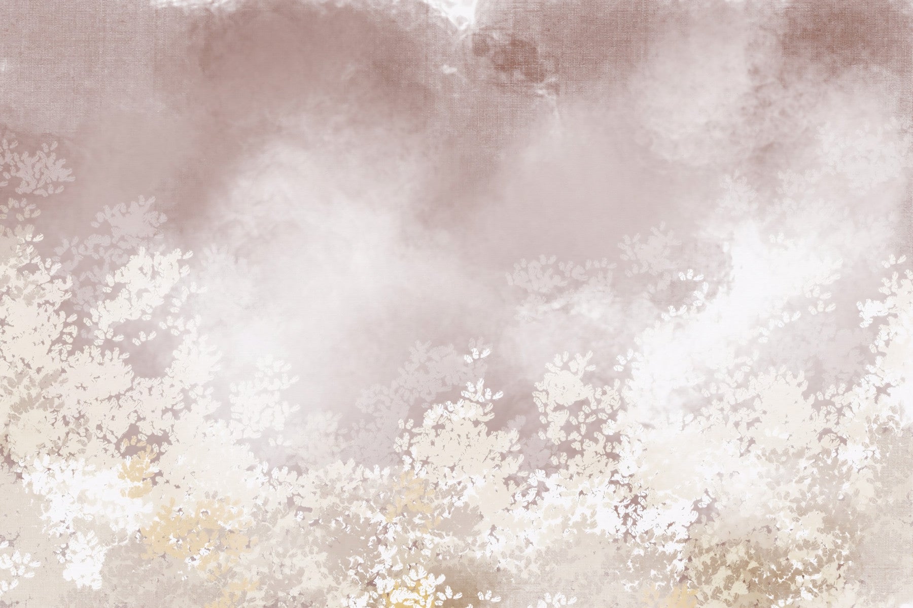 Misty pastel blossoms drift over a calm living room, Gentle Leaf Veil wall mural
