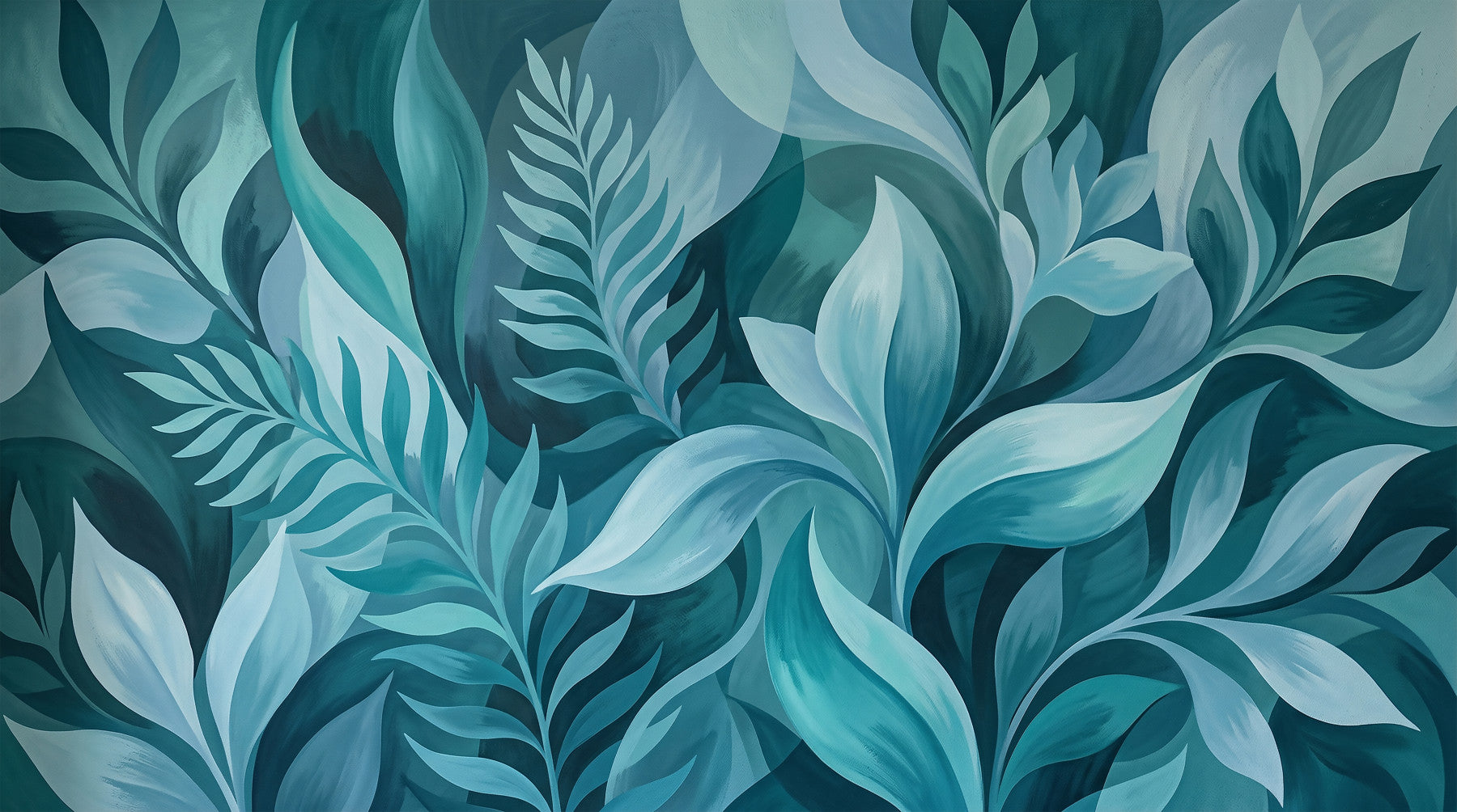Aqua Serenity Leaves wall mural sets a calm teal mood in a bright living room