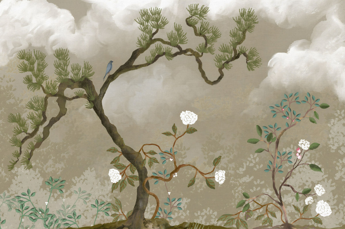 Tranquil Chinoiserie Pine & White Blossom Garden Wall Mural in your room — zoomed