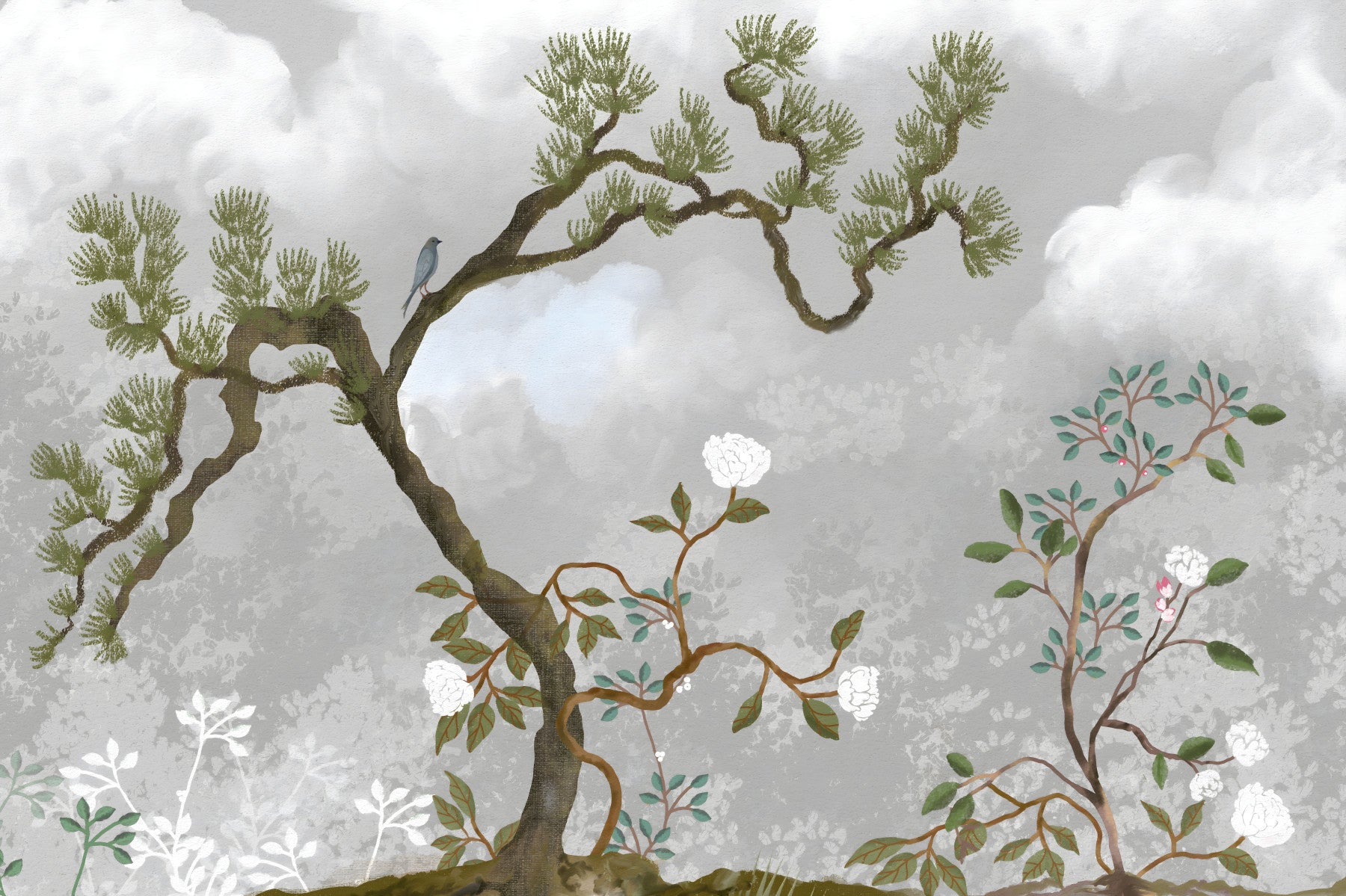 A misty chinoiserie pine wall mural set behind a calm bedroom palette