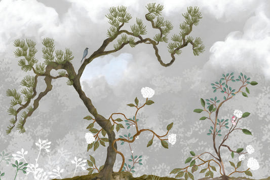 Misty Garden Bloom Chinoiserie Pine white florals Wall Mural