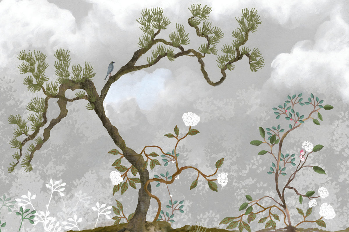 Misty Garden Bloom Chinoiserie Pine white florals Wall Mural in your room — zoomed