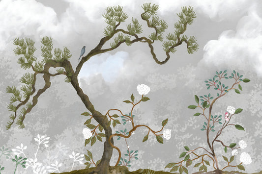 Misty Garden Bloom Chinoiserie Pine white florals Wall Mural