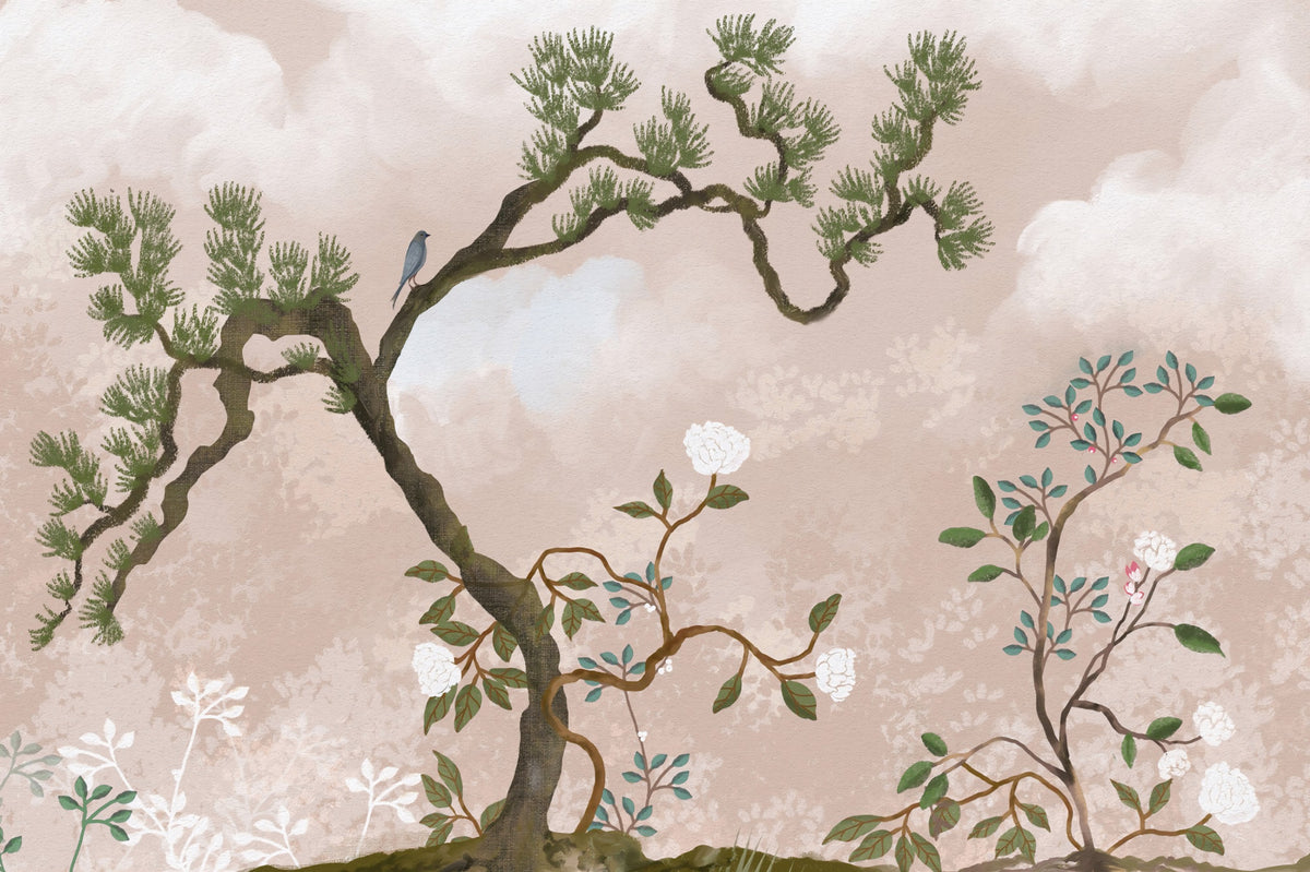 Serene Chinoiserie Garden & Blue Birds Wall Mural in your room — zoomed