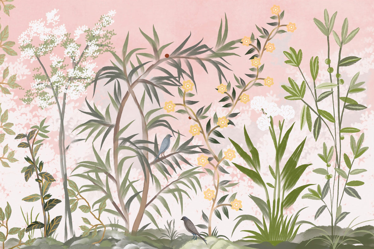 Pink Botanical Serenity Chinoiserie Flowers Trees Wall Mural in your room — zoomed