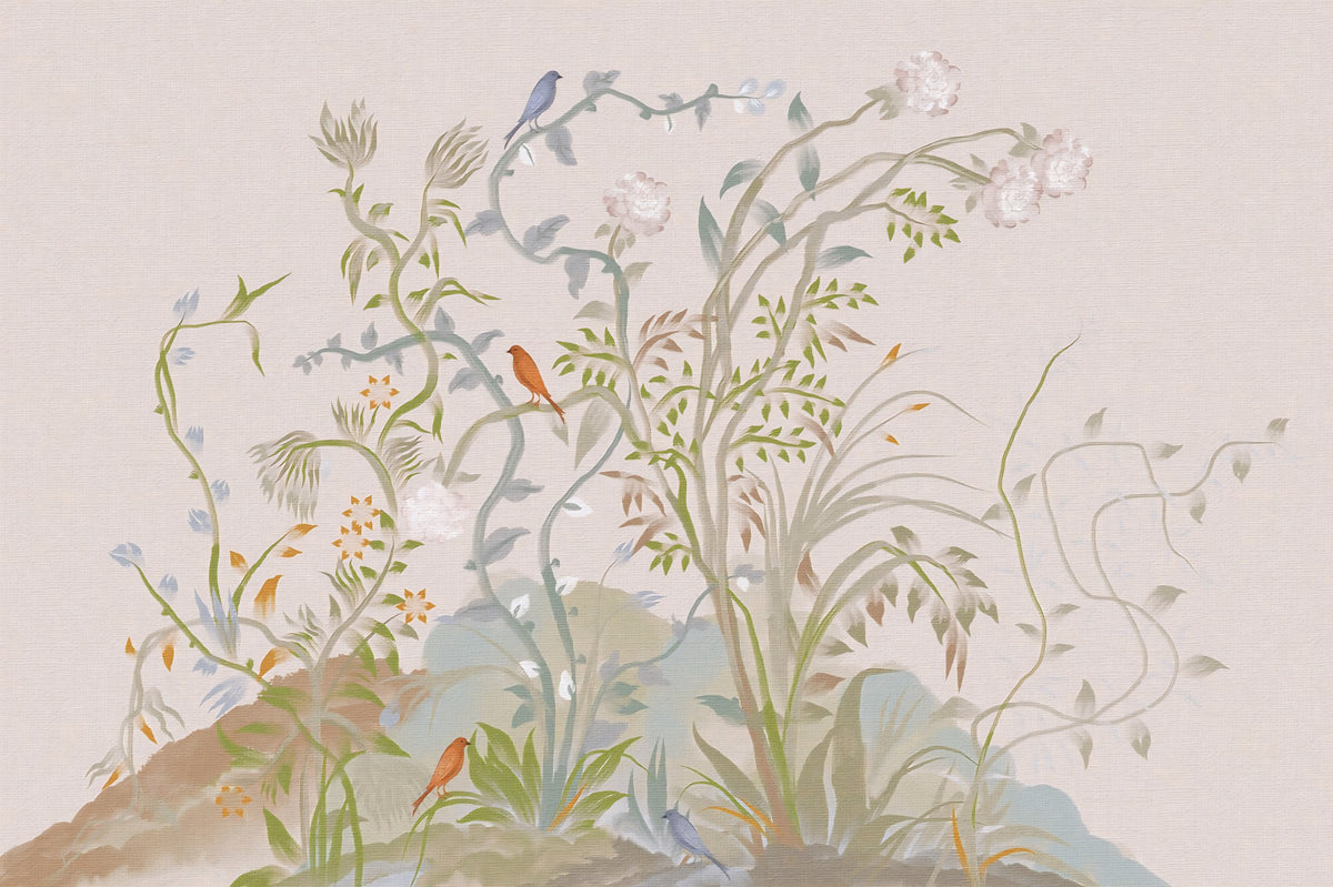 Whispering Vines & Chinoiserie Songbirds Wall Mural in your room — zoomed