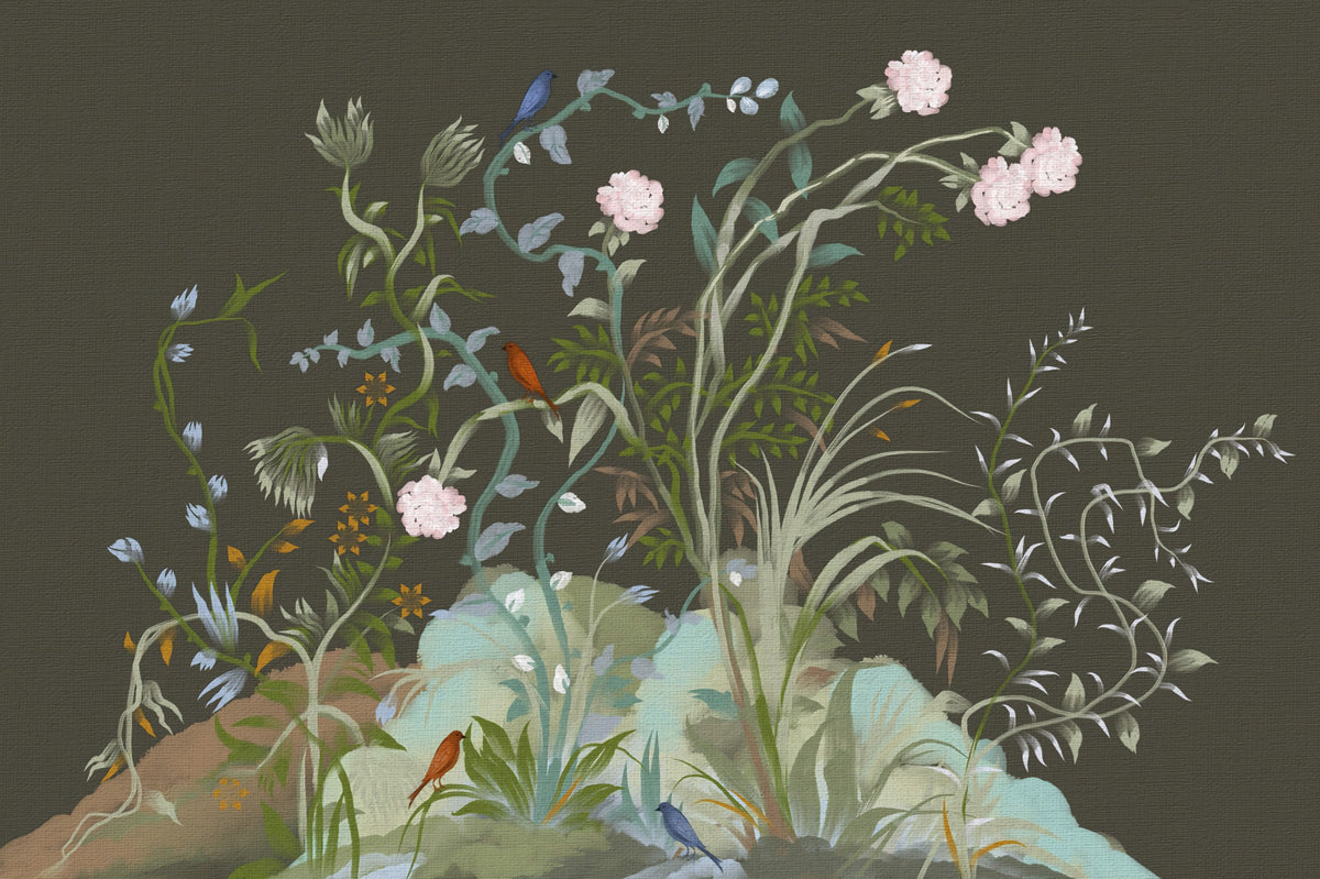 Verdant Vines & Garden Birds Chinoiserie Botanical Landscape Moody Wall Mural in your room