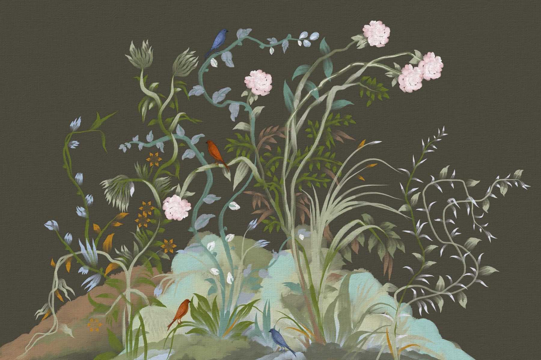 Verdant Vines & Garden Birds Chinoiserie Botanical Landscape Moody Wall Mural