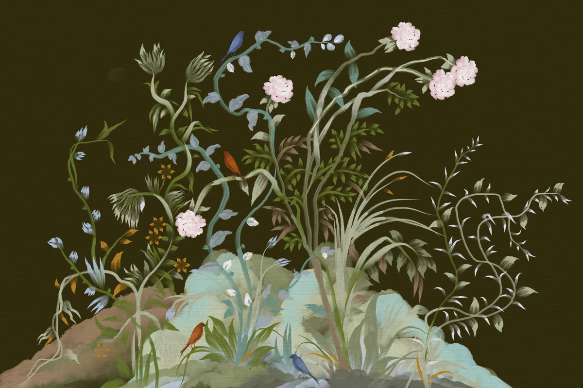 Enchanted Grove Birds Chinoiserie Botanical Flower trees Wall Mural in your room — zoomed