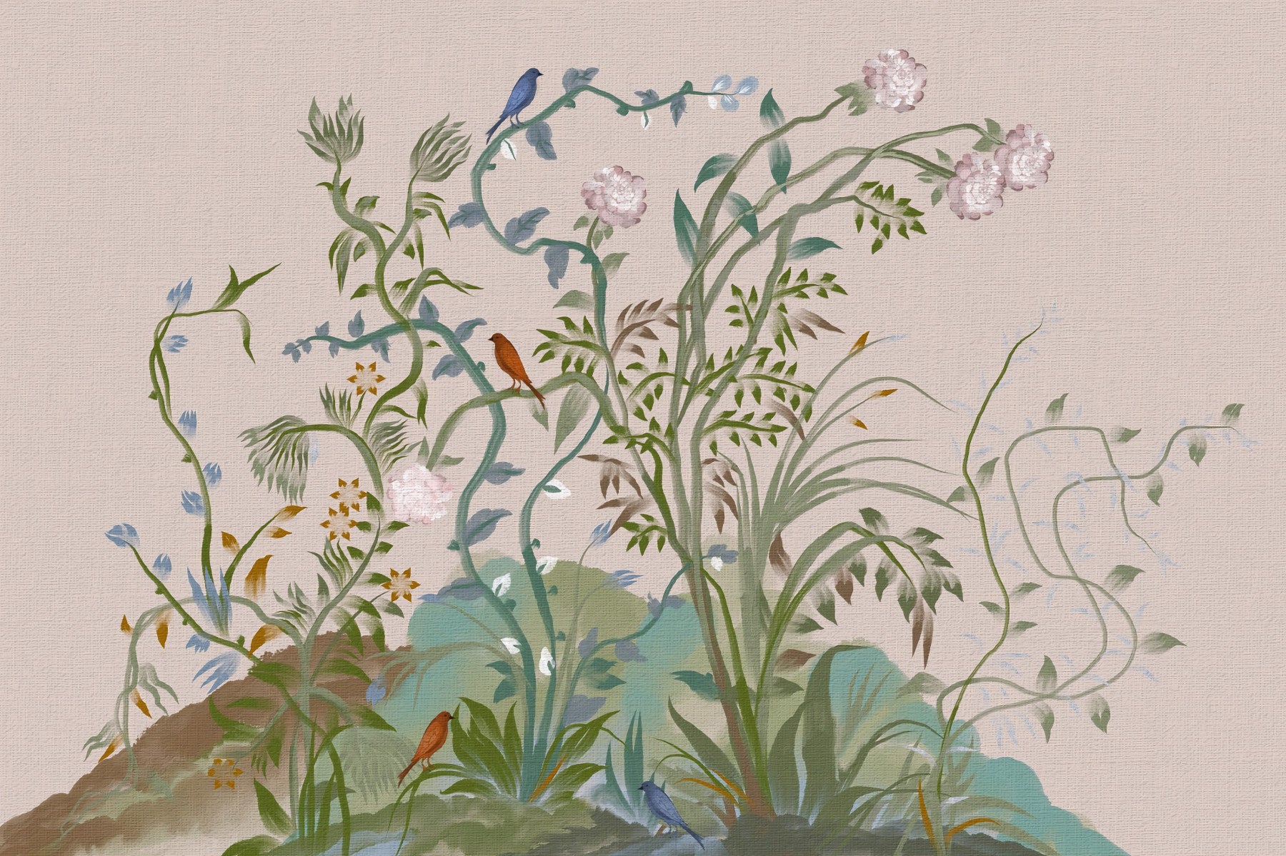 Living room held in calm blush with the oriental chinoiserie nature wall mural behind