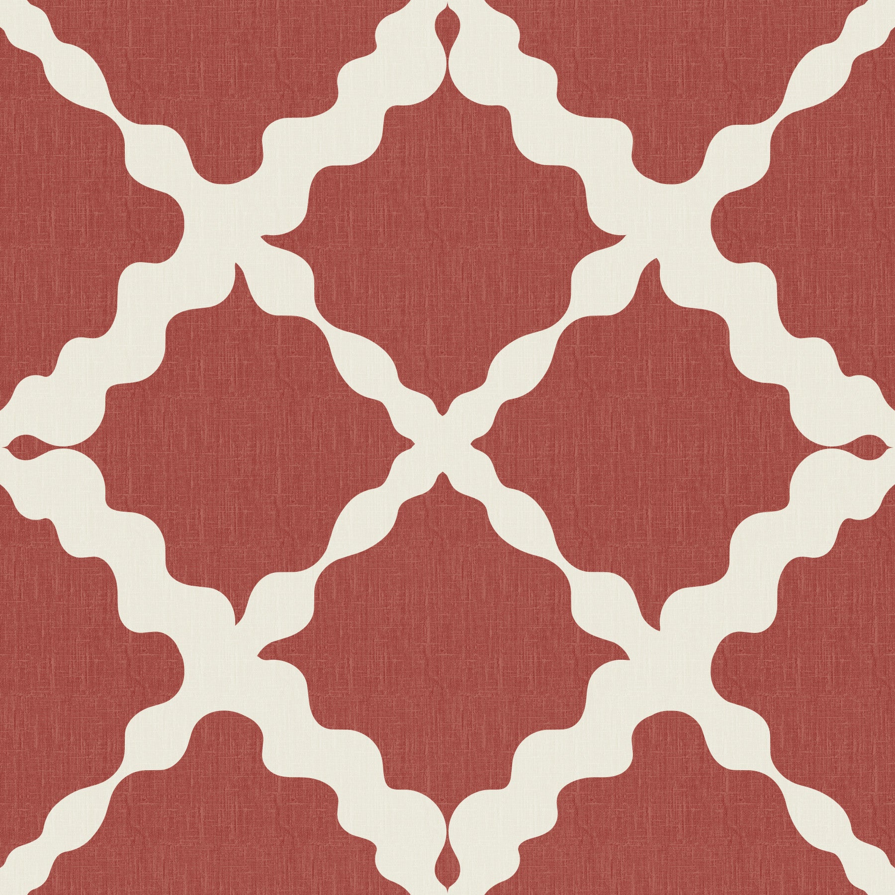 Rust quatrefoil pattern wraps a bathroom in this Textured Lattice Trellis wallpaper.