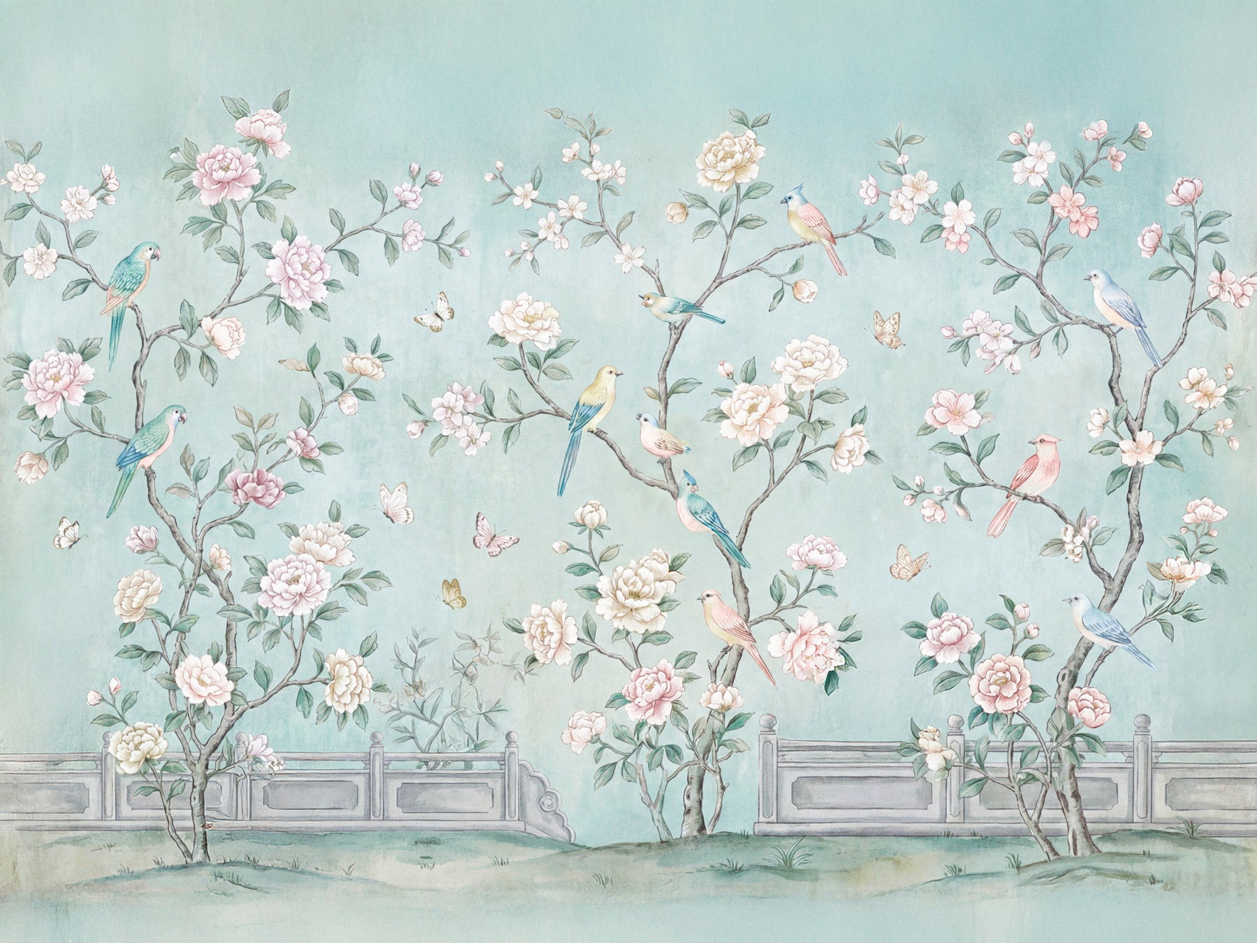 Serene Chinoiserie Aviary Wall Mural in your room — zoomed