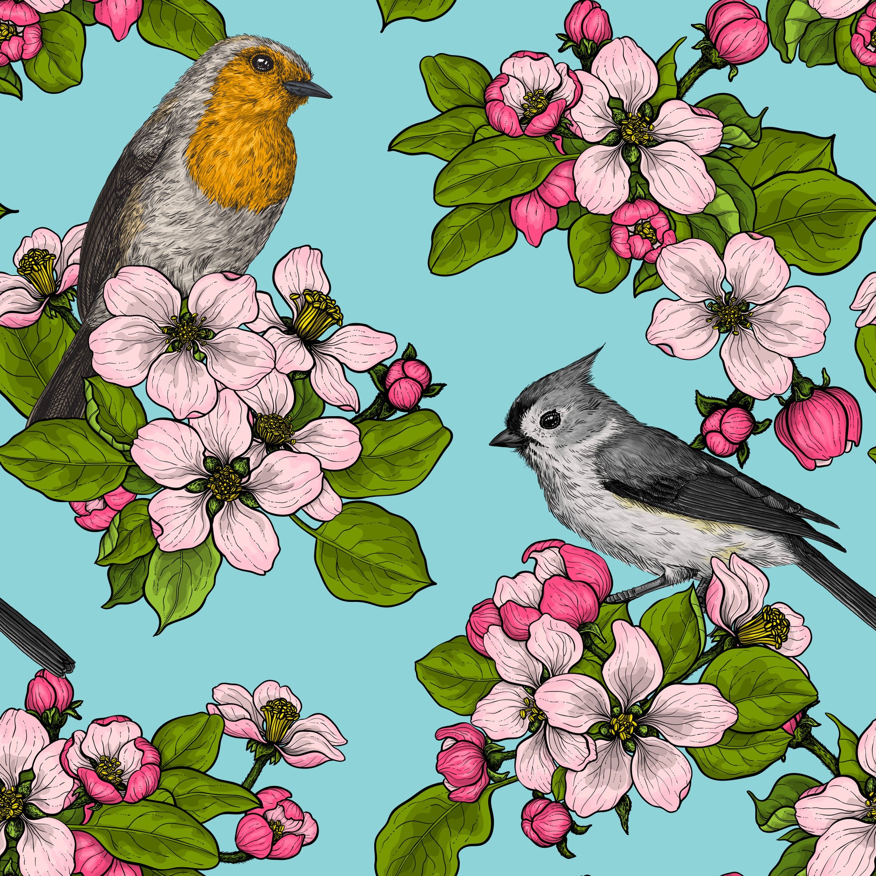 Birds and Blossoms wallpaper opens a living room with turquoise floral repeat

