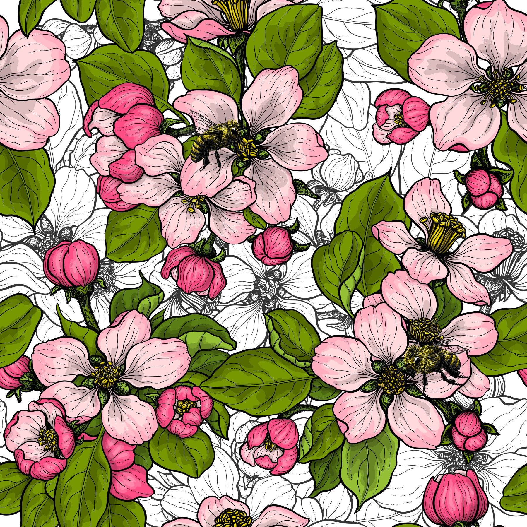Apple blossom on white Wallpaper covers the dining room partition completely.