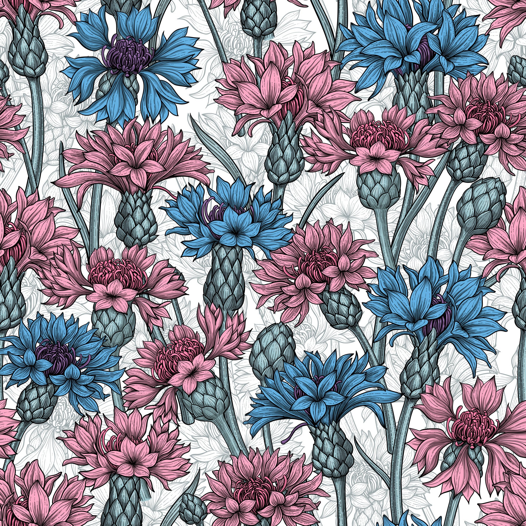 Living rooms feel fresh with the pink and blue cornflowers on white wallpaper.