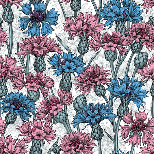 Pink and blue cornflowers on white Wallpaper⁠