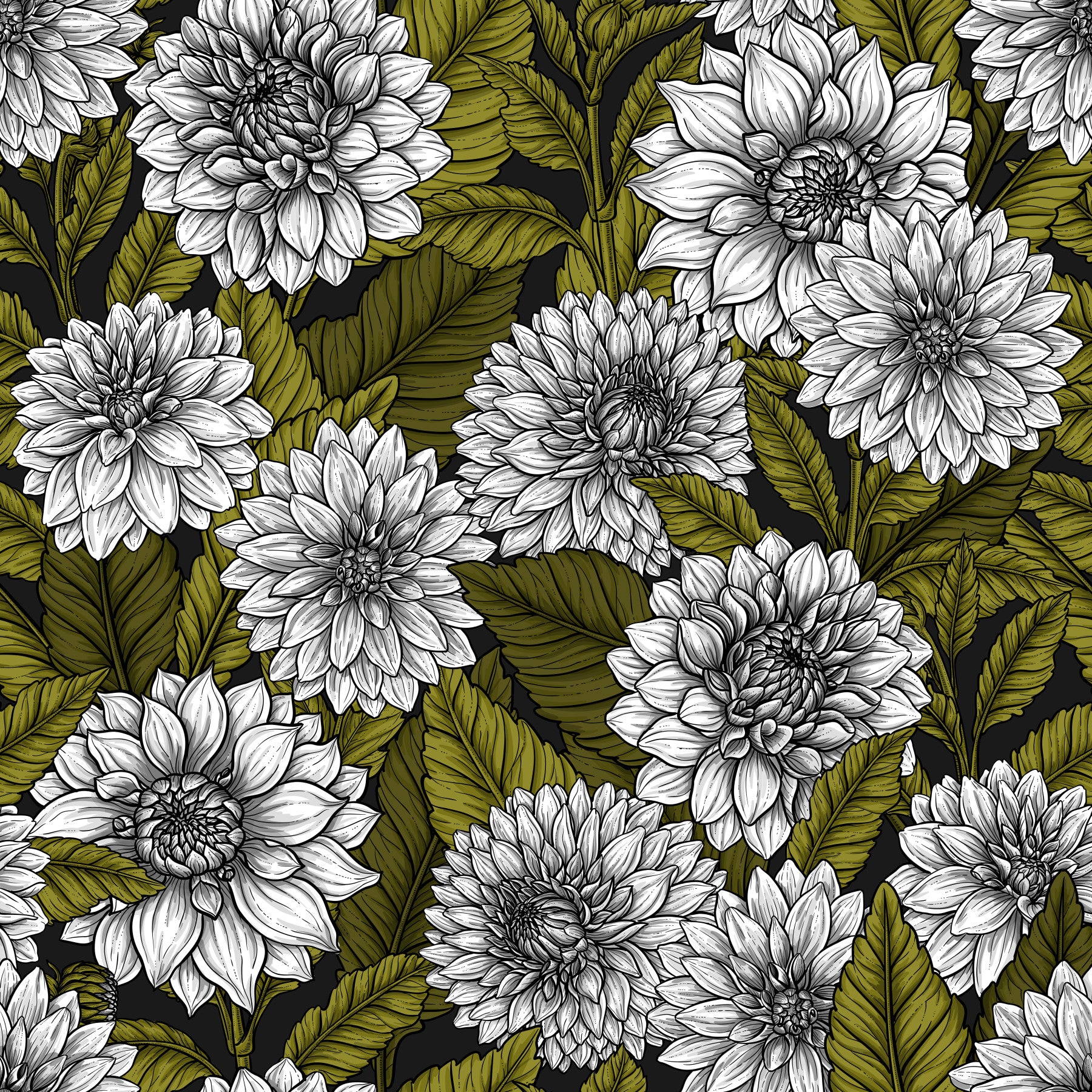 Light pours into a minimal living room showcasing the White Dahlia garden wallpaper.