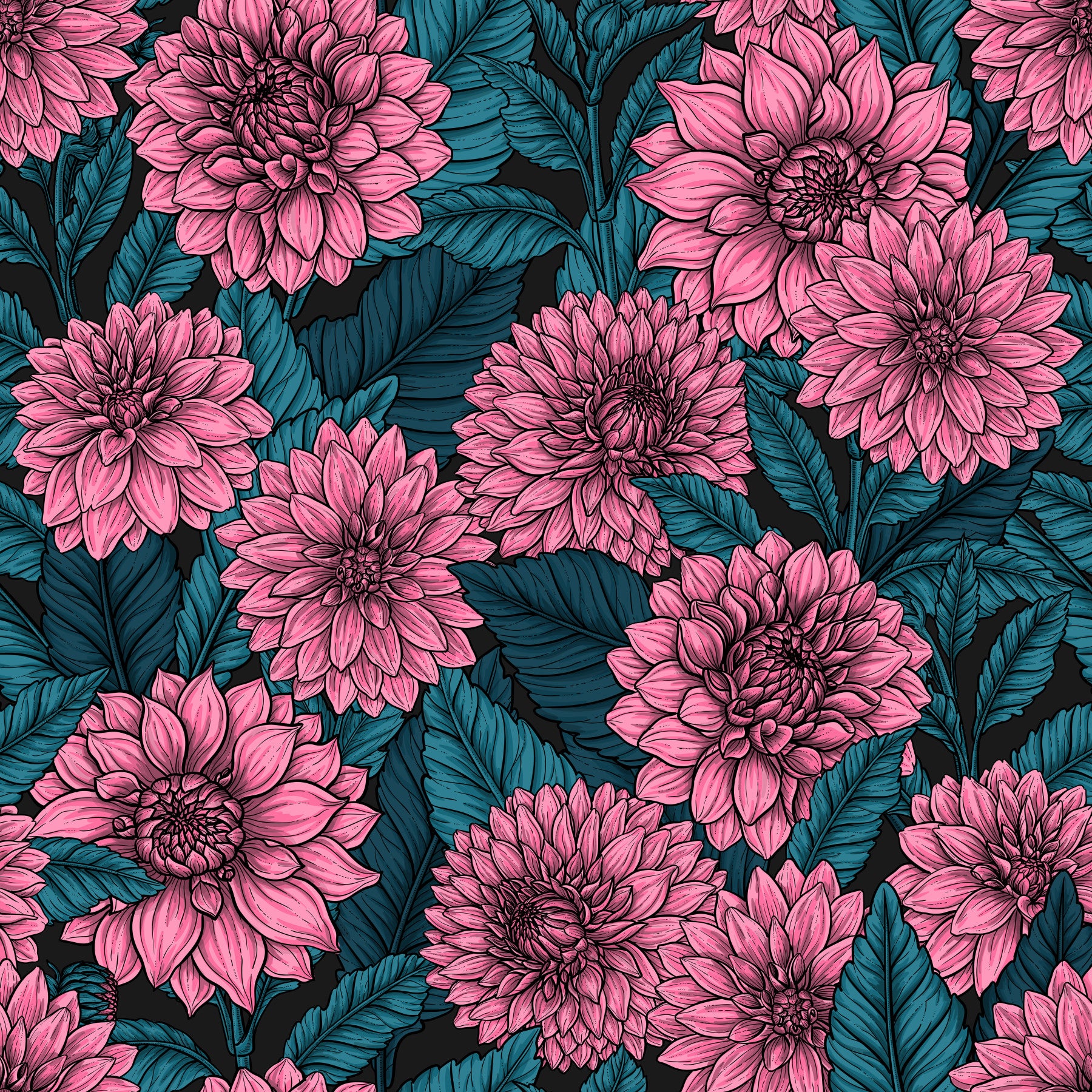 Pink Dahlia garden blue leaves wallpaper covering a modern kitchen dining area elegantly.