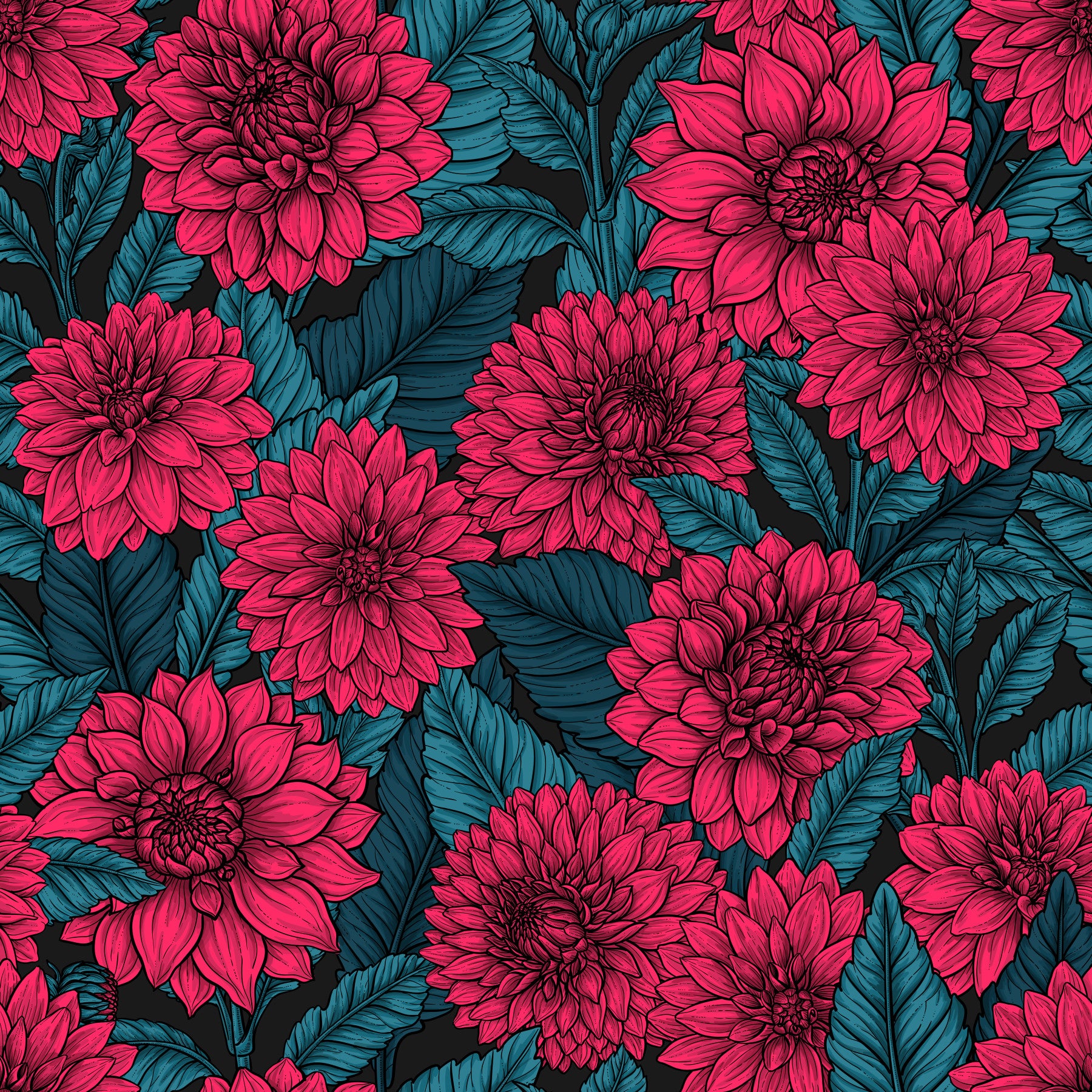 Vibrant Red Dahlia garden wallpaper surrounds the dining room table perfectly.