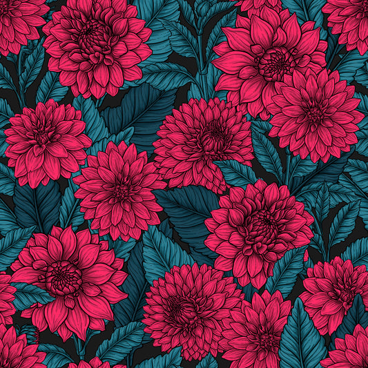 Red Dahlia garden/blue leaves Wallpaper⁠