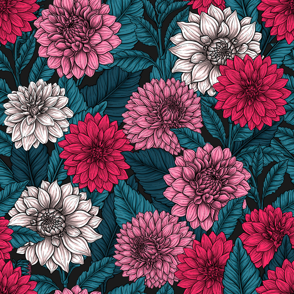 Dahlia garden/pink/red and white flowers/blue leaves Wallpaper⁠ in your room — zoomed
