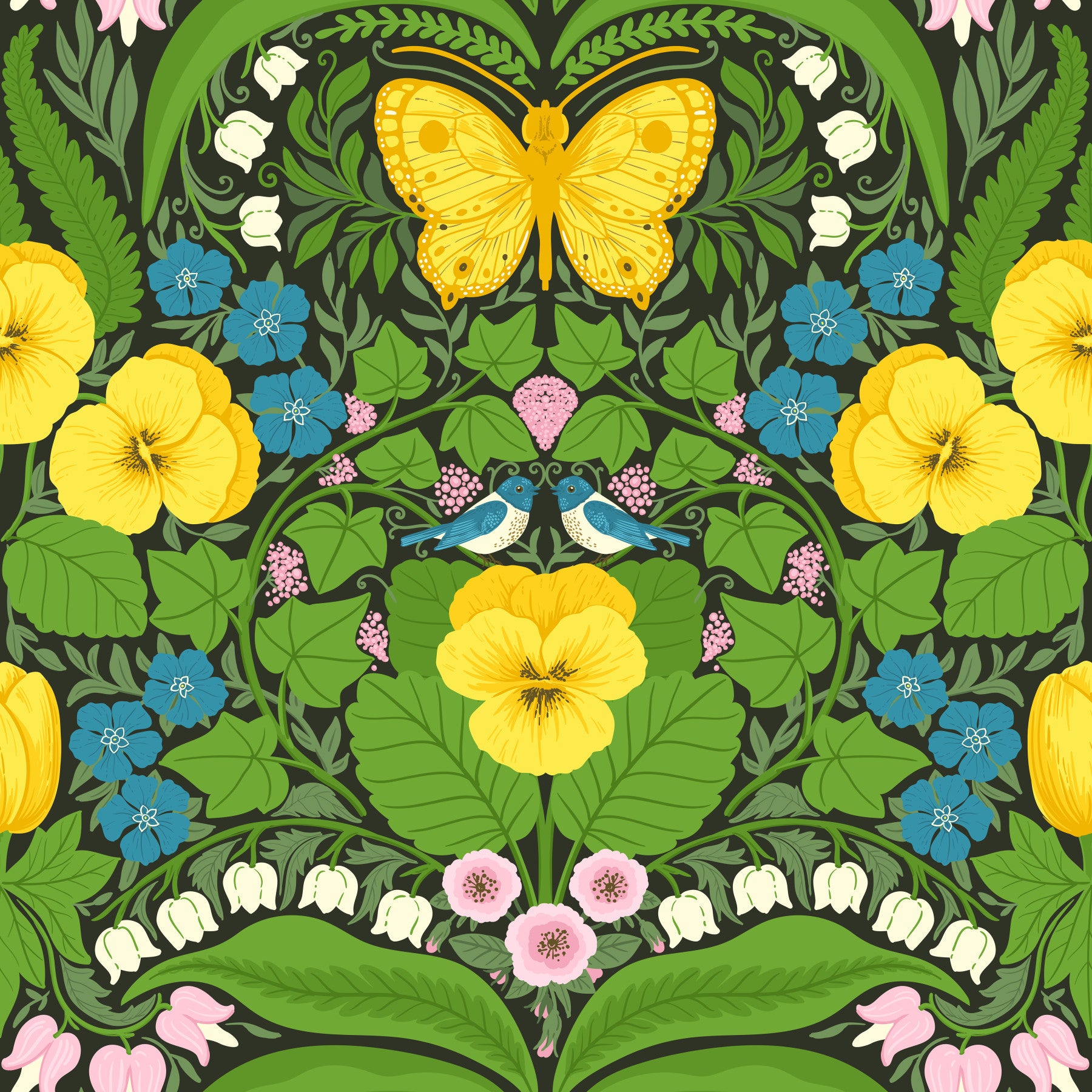 Dollhouse garden, Yellow pansies, birds and butterflies Wallpaper⁠