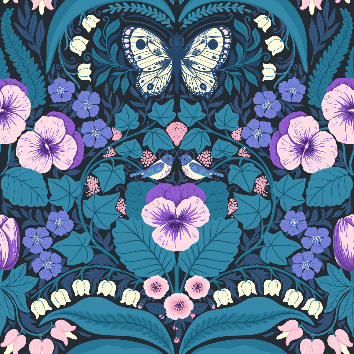 Dollhouse garden, pansies, birds and butterflies Wallpaper⁠ in your room
