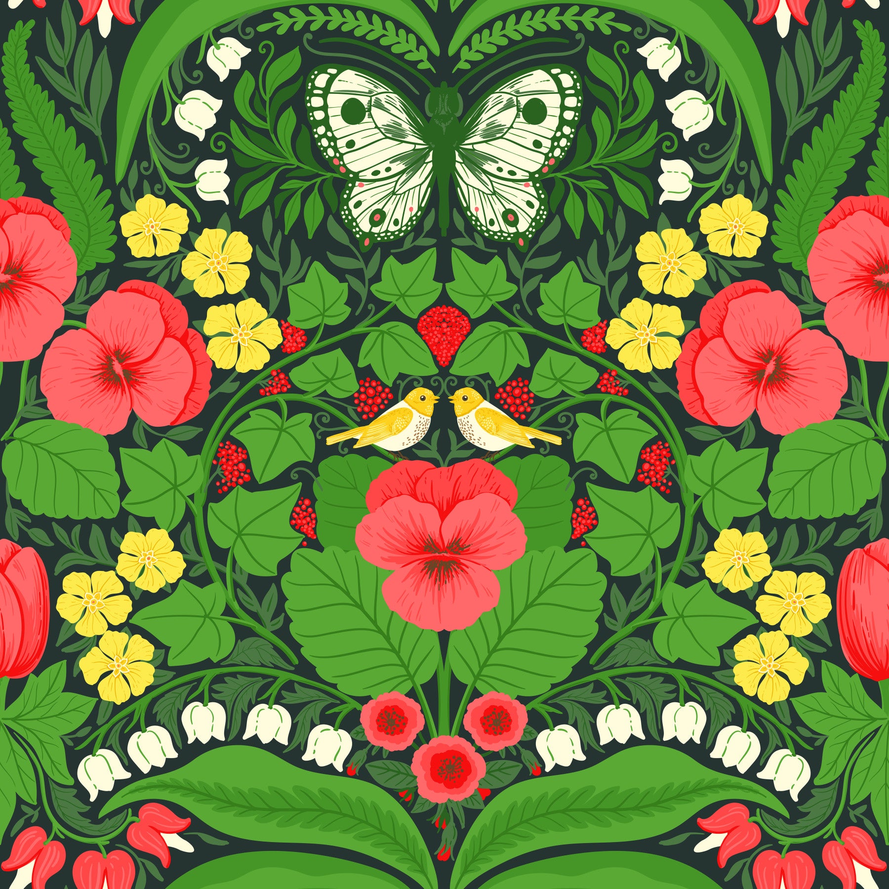 The Dollhouse garden, pansies, birds and butterflies wallpaper covers this dining room.