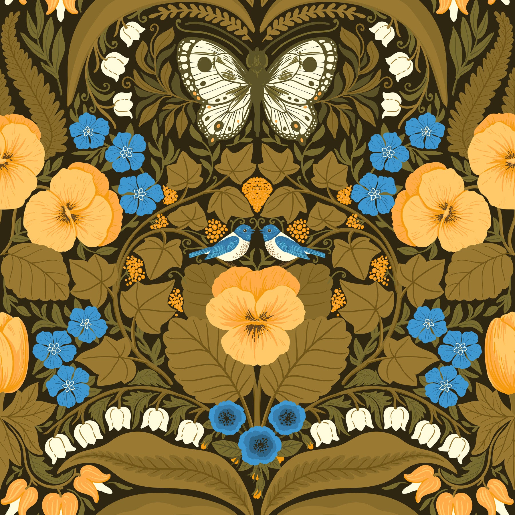The Dollhouse garden, pansies, birds and butterflies Wallpaper the main Hallway.
