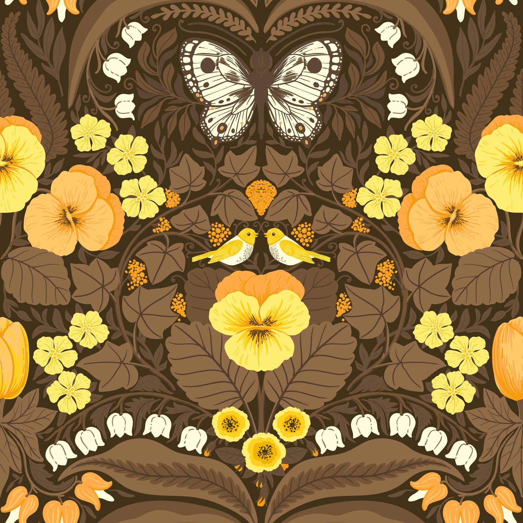 Yellow pansies flourish on the Dollhouse garden wallpaper in a living room.