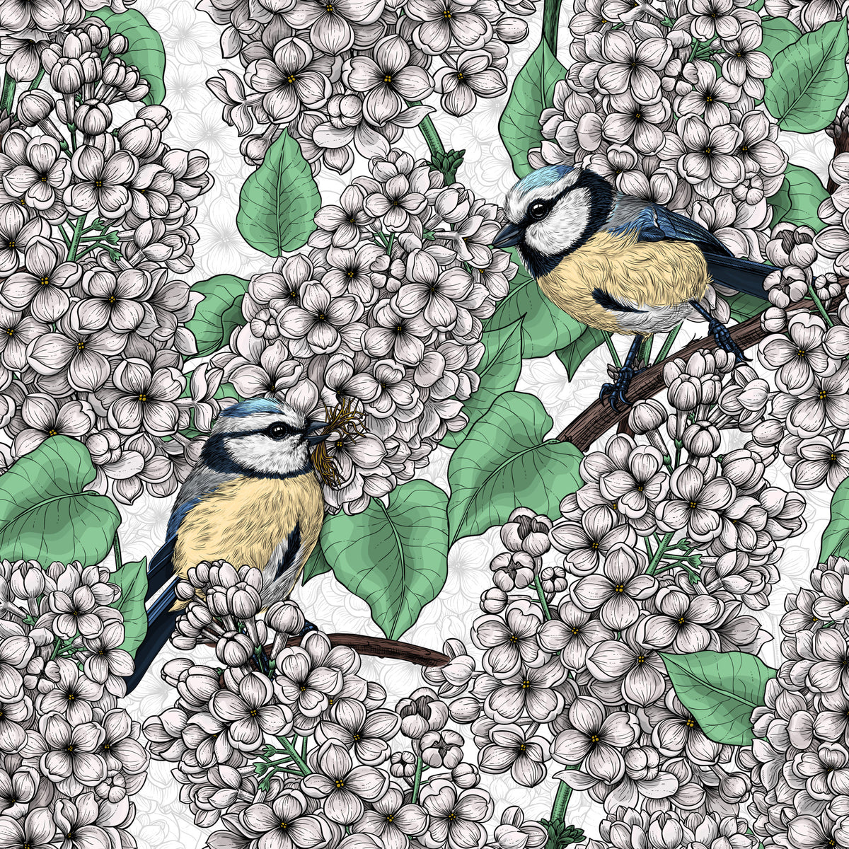 Birds in the lilac tree, white and green Wallpaper⁠ in your room — zoomed
