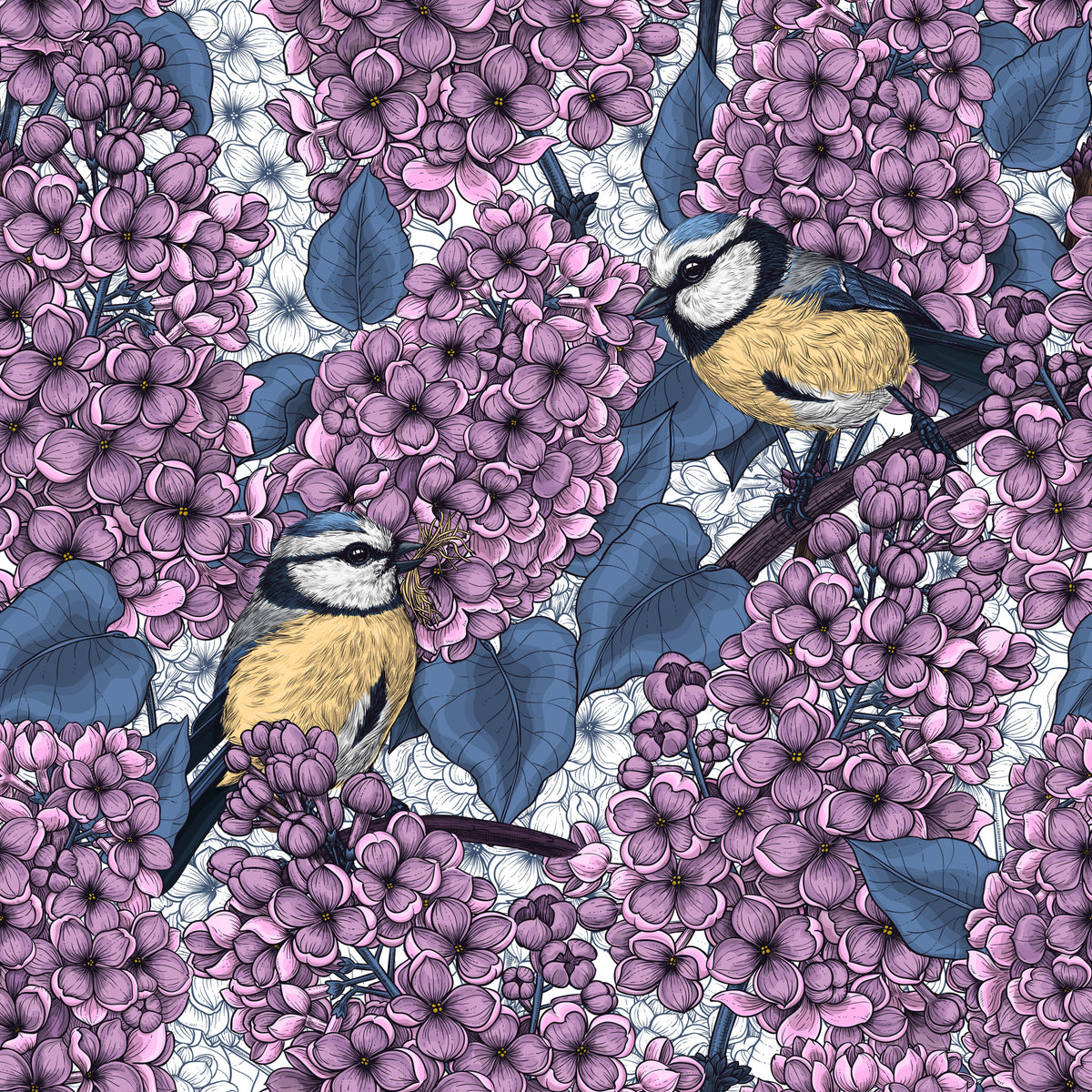 Birds in violet lilac garden  Wallpaper⁠ in your room