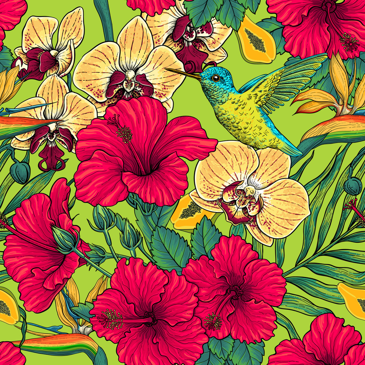 Tropical Florals and Hummingbird - Summer Botanical Garden Wallpaper⁠ in your room