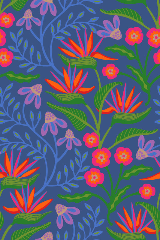 Tropical Tangle Floral Bird of Paradise Fuchsia Pink Blue Wallpaper⁠