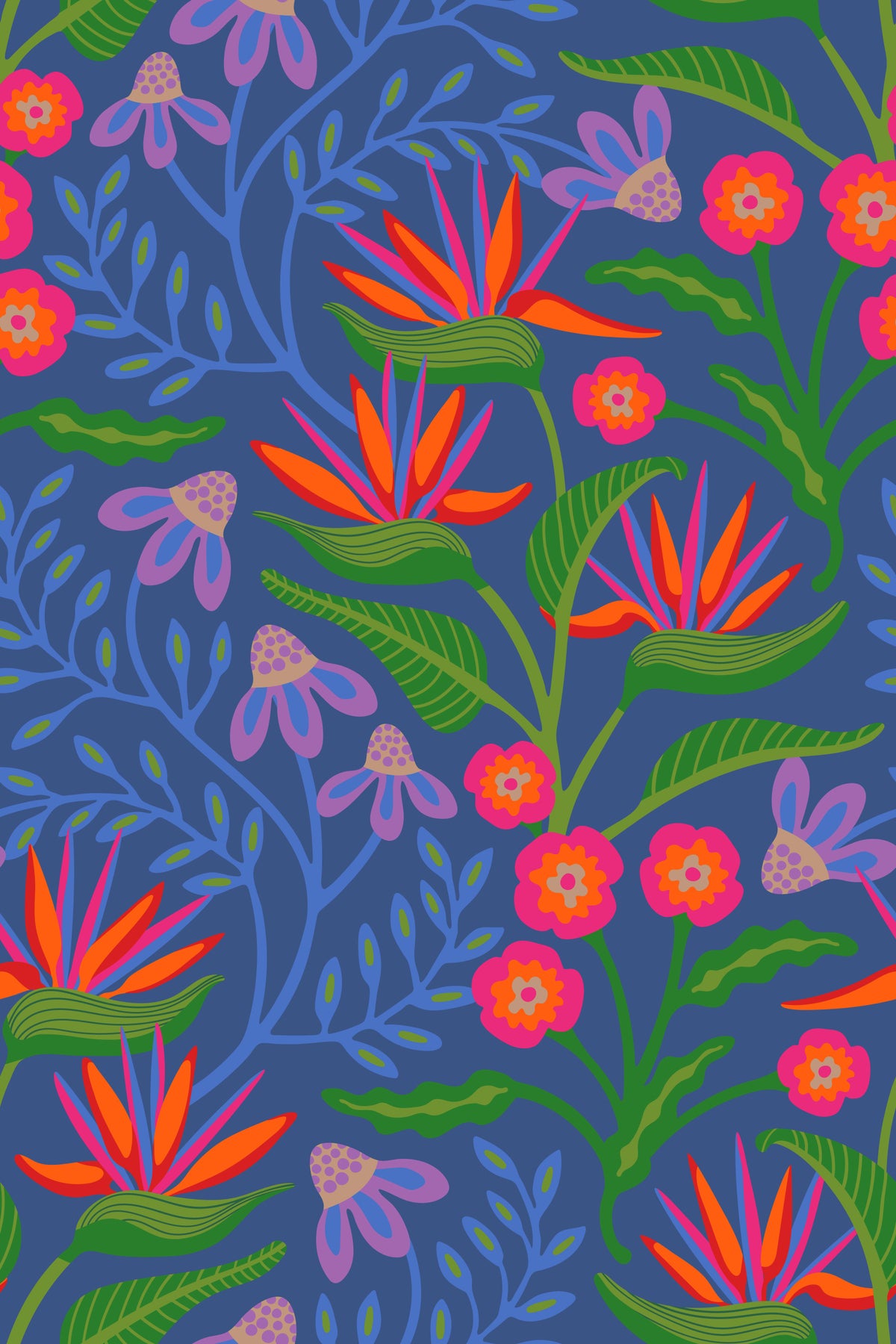 Tropical Tangle Floral Bird of Paradise Fuchsia Pink Blue Wallpaper⁠ in your room