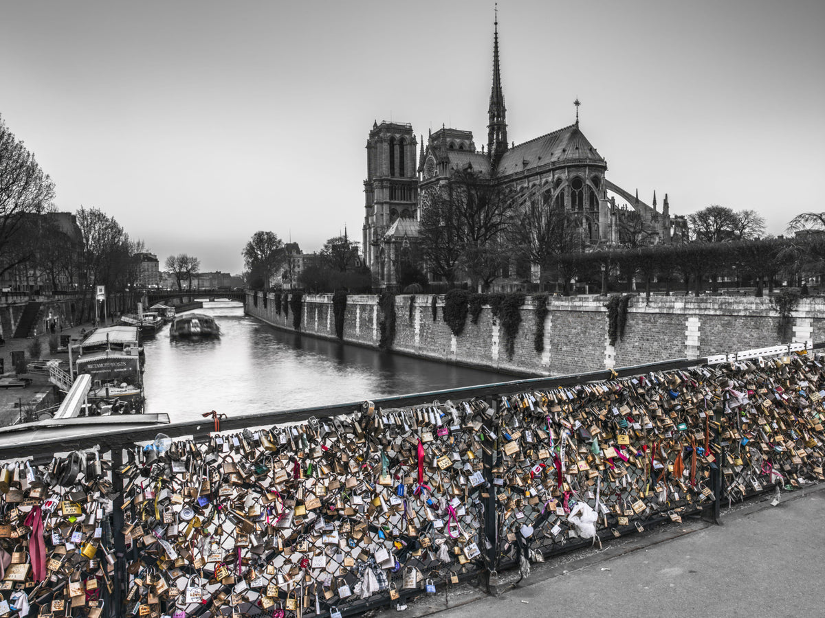 Parisian Love Locks Notre Dame's Shadow Wall Mural in your room — zoomed