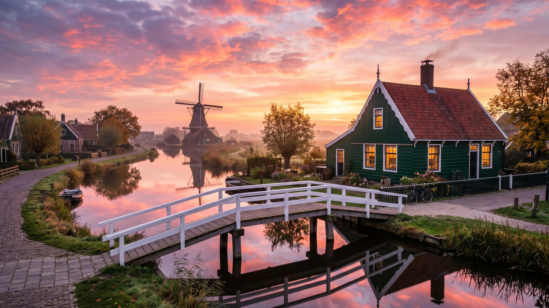 A Dutch Dawn Serenity Wall Mural creates a peaceful view inside a bedroom.