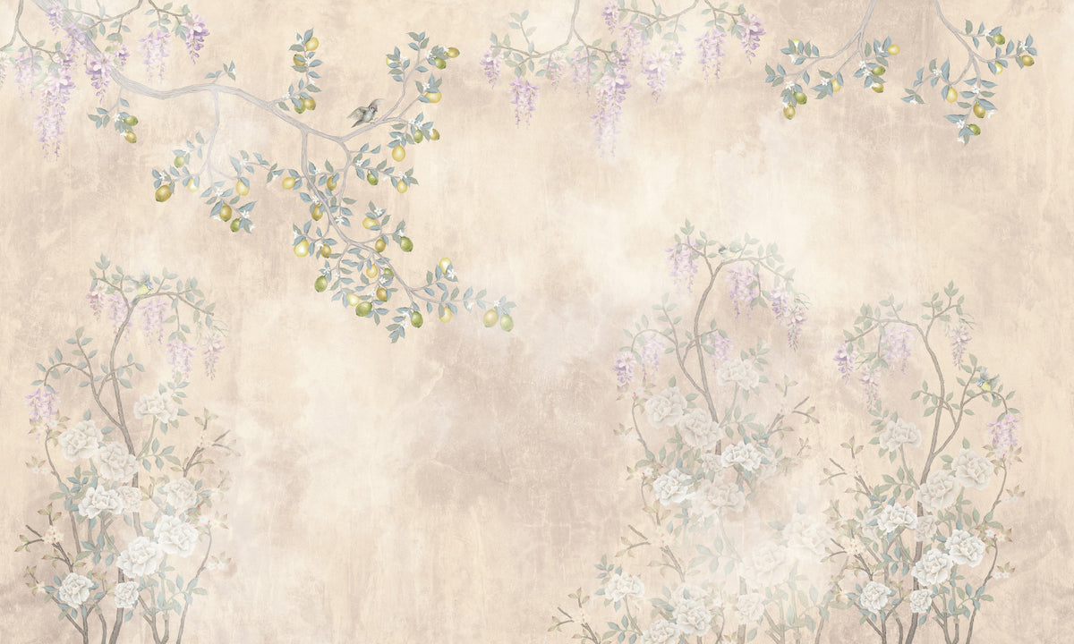 Wisteria & Lemon Blossom Serenity Cream Wall Mural in your room — zoomed