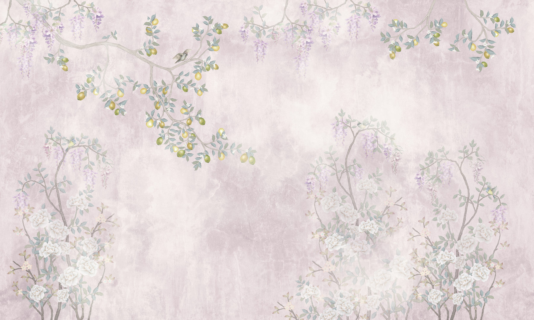 Pastel flowers adorn the Wisteria & Lemon Blossom Serenity Pink Wall Mural in this lounge.