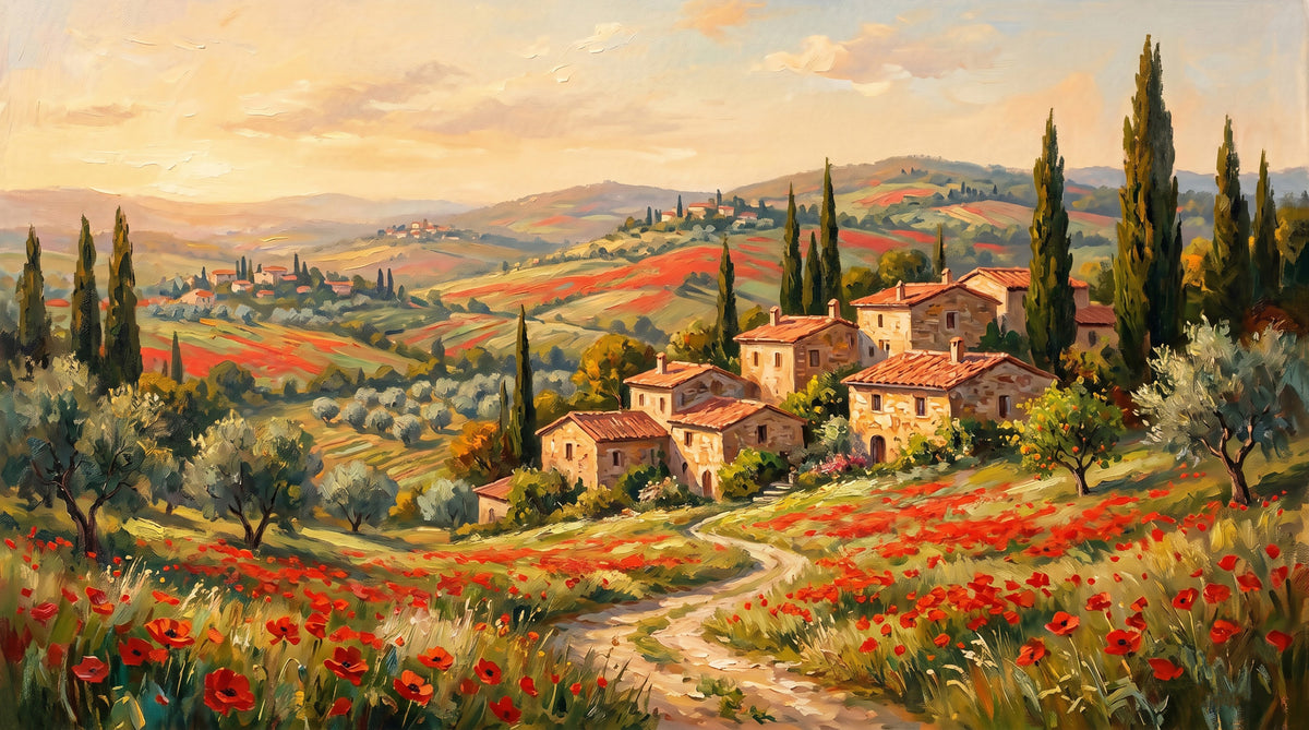Tuscan Poppy Fields Panorama Wall Mural in your room — zoomed