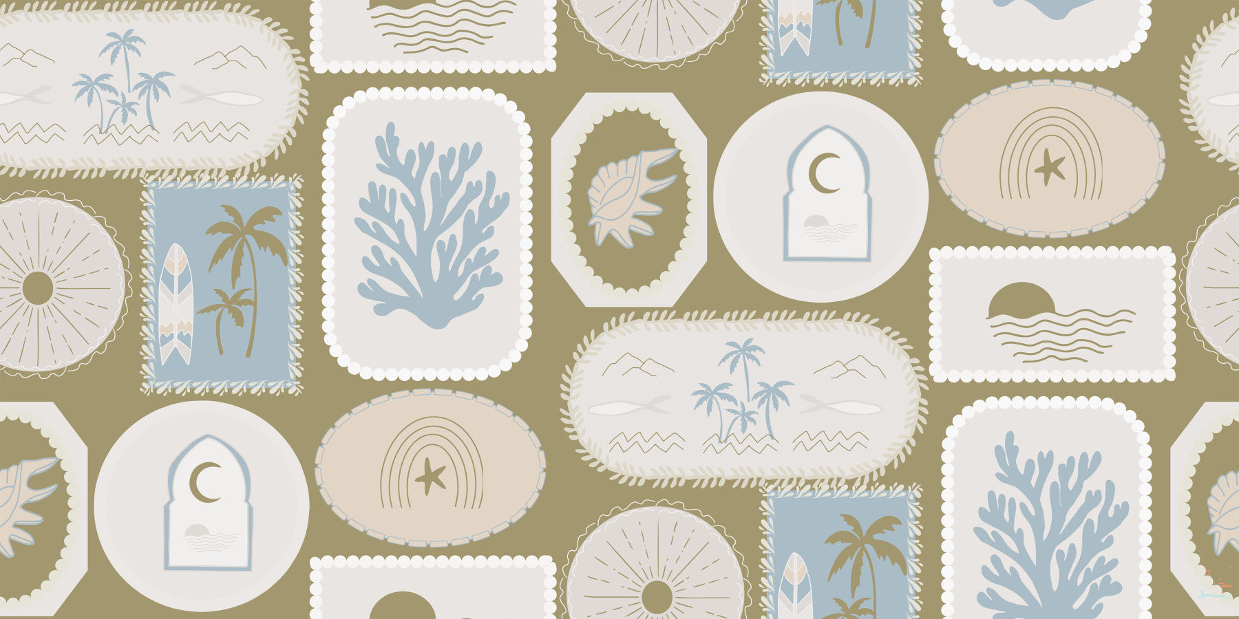 Olive Green Coastal Frame Wallpaper Boho Tropical Wallpaper⁠